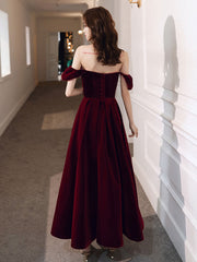 A-Line off Shoulder Velvet Tea Length Burgundy Prom Dress, Burgundy Evening Dress