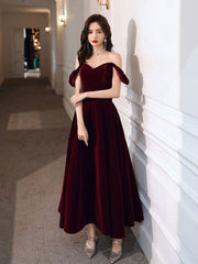 A-Line off Shoulder Velvet Tea Length Burgundy Prom Dress, Burgundy Evening Dress