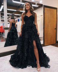 A line Off-the-Shoulder Glitter Tulle Prom Dress with Slit