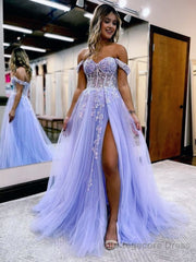 A Line Off the Shoulder Lace Tulle Prom Dress With Slit