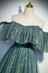 A-Line Off the Shoulder Tulle Long Prom Dress, Green Evening Party Dress