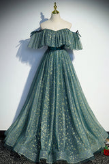 A-Line Off the Shoulder Tulle Long Prom Dress, Green Evening Party Dress