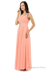 A-line One-shoulder Chiffon Beaded Crystals Coral Bridesmaid Dresses