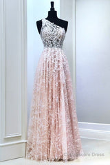 A Line One Shoulder Pink Lace Long Prom Dress, Pink Lace Formal Dress, Pink Evening Dress