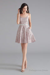 A-Line Pink Leopard Sequins Spaghetti Straps Cross Back Homecoming Dresses