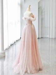 A-line Pink Off Shoulder Beaded Sweetheart Party Dress, Pink Tulle Prom Dress