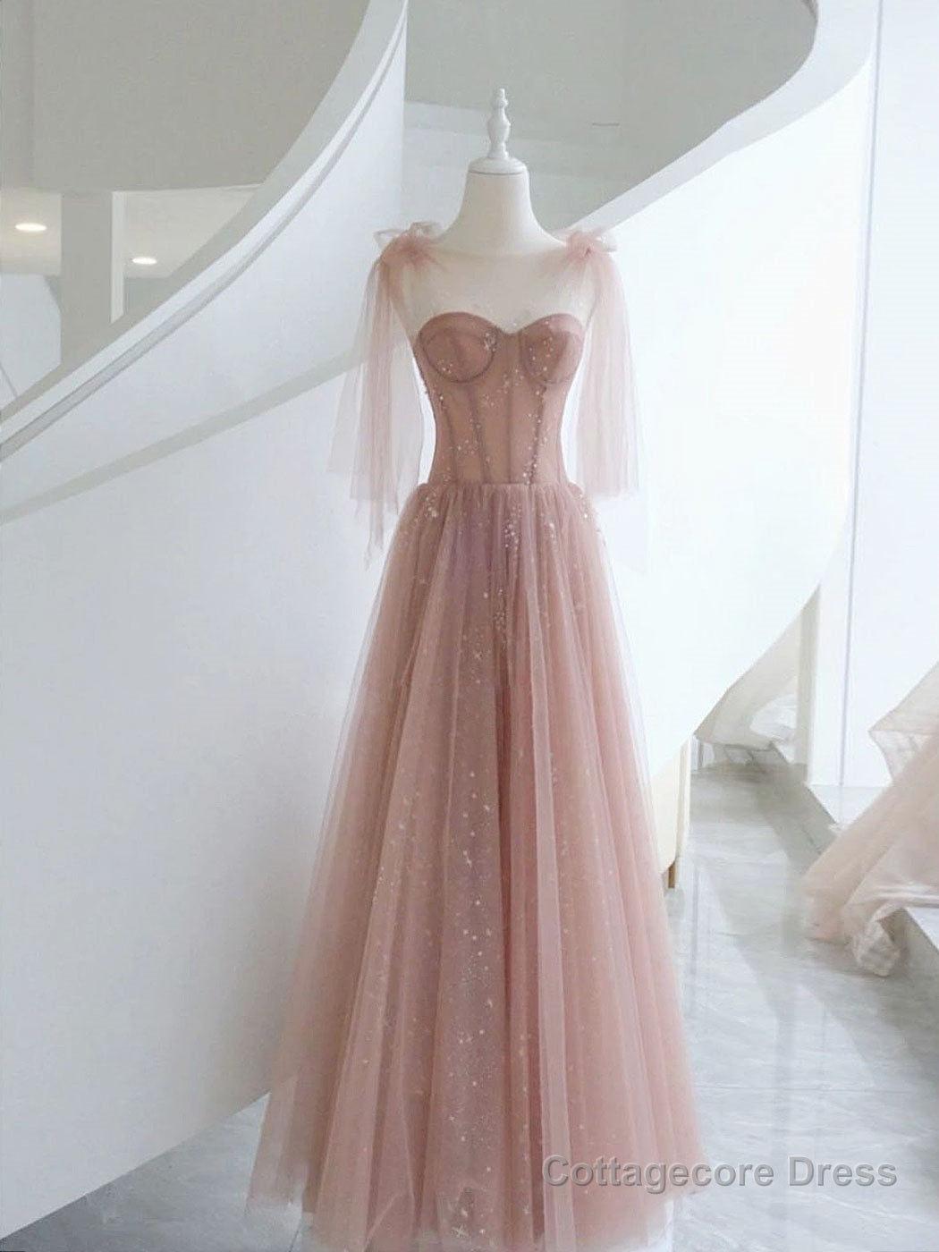 A-Line Pink Round Neck Tulle Long Prom Dresses, Pink Formal Evening Dress