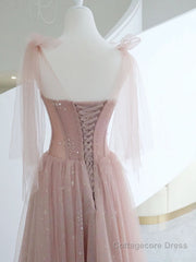 A-Line Pink Round Neck Tulle Long Prom Dresses, Pink Formal Evening Dress