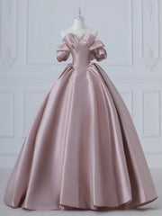 A-Line Pink Satin Long Prom Dress, Pink Long Evening Dress