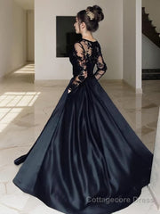 A-Line/Princess Bateau Sweep Train Satin Evening Dresses With Pockets