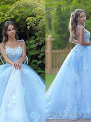 A-Line/Princess Bateau Sweep Train Tulle Prom Dresses With Appliques Lace