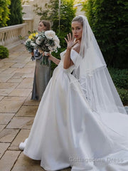 A-Line/Princess Off-the-Shoulder Cathedral Train Satin Wedding Dresses