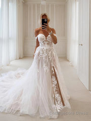 A-Line/Princess Off-the-Shoulder Chapel Train Tulle Wedding Dresses With Leg Slit