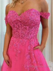 A-Line/Princess Off-the-Shoulder Court Train Tulle Prom Dresses With Leg Slit