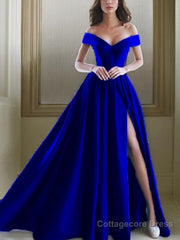 A-Line/Princess Off-the-Shoulder Floor-Length Satin Prom Dresses With Leg Slit