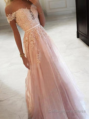 A-Line/Princess Off-the-Shoulder Floor-Length Tulle Prom Dresses With Appliques Lace