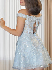 A-Line/Princess Off-the-Shoulder Short/Mini Lace Applique Homecoming Dresses