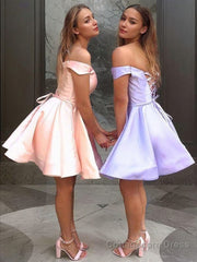 A-Line/Princess Off-the-Shoulder Short/Mini Satin Homecoming Dresses With Ruffles