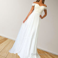 A-Line/Princess Off-the-Shoulder Sweep Train Chiffon Prom Dresses With Appliques Lace