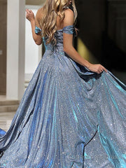 A-Line/Princess Off-the-Shoulder Sweep Train Prom Dresses With Leg Slit