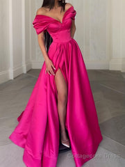 A-Line/Princess Off-the-Shoulder Sweep Train Satin Evening Dresses With Leg Slit