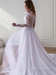 A-Line/Princess Off-the-Shoulder Sweep Train Tulle Wedding Dresses