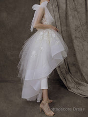 A-Line/Princess One-Shoulder Asymmetrical Tulle Wedding Dresses With Appliques Lace