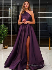 A-Line/Princess One-Shoulder Sweep Train Satin Prom Dresses With Leg Slit