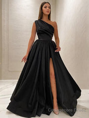 A-Line/Princess One-Shoulder Sweep Train Satin Prom Dresses With Leg Slit