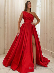 A-Line/Princess One-Shoulder Sweep Train Satin Prom Dresses With Leg Slit