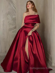 A-Line/Princess One-Shoulder Sweep Train Satin Prom Dresses With Leg Slit