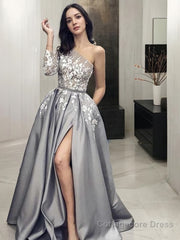 A-Line/Princess One-Shoulder Sweep Train Satin Prom Dresses With Pockets