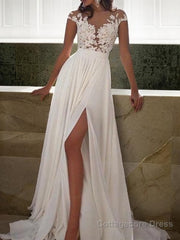 A-Line/Princess Scoop Sweep Train Chiffon Evening Dresses With Leg Slit