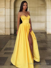 A-Line/Princess Spaghetti Straps Floor-Length Satin Prom Dresses With Leg Slit