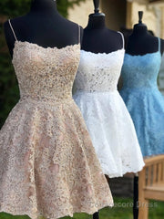 A-Line/Princess Spaghetti Straps Short/Mini Lace Homecoming Dresses With Appliques Lace