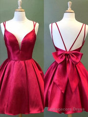 A-Line/Princess Spaghetti Straps Short/Mini Satin Homecoming Dresses With Bow