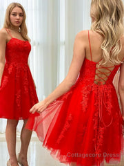 A-Line/Princess Spaghetti Straps Short/Mini Tulle Homecoming Dresses With Appliques Lace