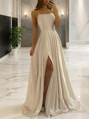 A-Line/Princess Spaghetti Straps Sweep Train Silk like Satin Prom Dresses With Leg Slit