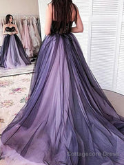 A-Line/Princess Strapless Court Train Tulle Prom Dresses With Appliques Lace