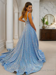 A-Line/Princess Straps Court Train Velvet Sequins Prom Dresses With Pockets