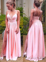 A-Line/Princess Straps Floor-Length Stretch Crepe Prom Dresses With Leg Slit