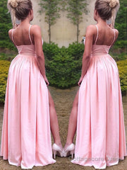 A-Line/Princess Straps Floor-Length Stretch Crepe Prom Dresses With Leg Slit