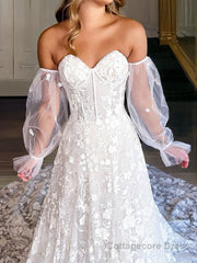 A-Line/Princess Sweetheart Cathedral Train Lace Wedding Dresses With Appliques Lace