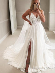 A-Line/Princess V-neck Chapel Train Chiffon Wedding Dresses With Leg Slit