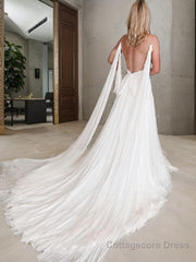 A-Line/Princess V-neck Chapel Train Chiffon Wedding Dresses With Leg Slit