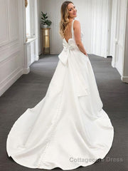 A-Line/Princess V-neck Court Train Satin Wedding Dresses With Bow