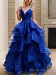 A-Line/Princess V-neck Floor-Length Prom Dresses With Beading