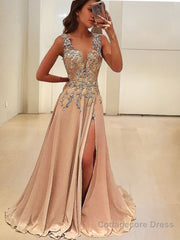 A-Line/Princess V-neck Floor-Length Silk like Satin Evening Dresses With Leg Slit