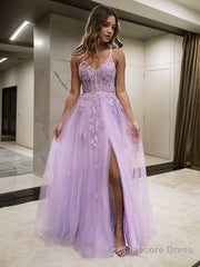 A-Line/Princess V-neck Floor-Length Tulle Prom Dresses With Leg Slit