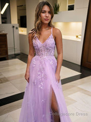 A-Line/Princess V-neck Floor-Length Tulle Prom Dresses With Leg Slit